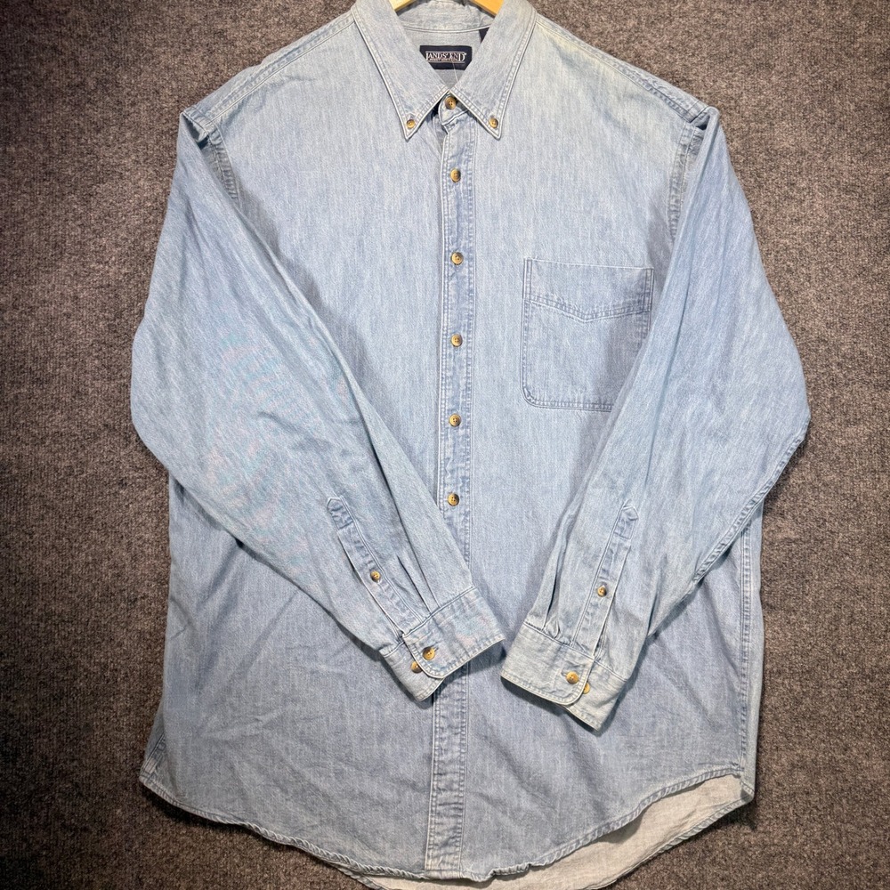 Lands' End Vintage Denim Shirt Mens XL Tall Light Blue Made in USA